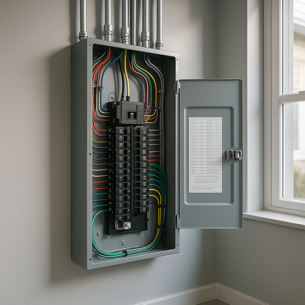 Newly installed residential electrical panel with clean wiring and precise labeling, highlighting professional electrical upgrade work.