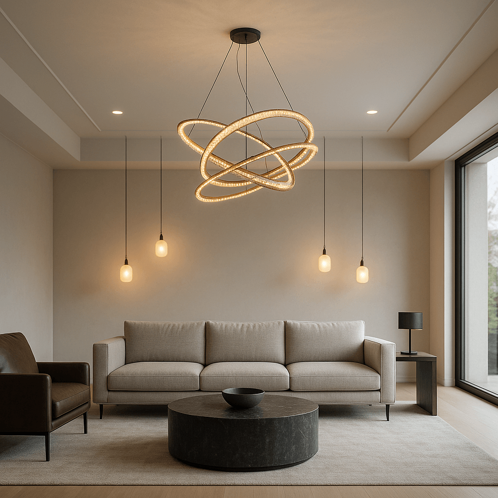 Photo-realistic image of a modern home interior with elegant lighting, showcasing expert electrical wiring and installation craftsmanship.