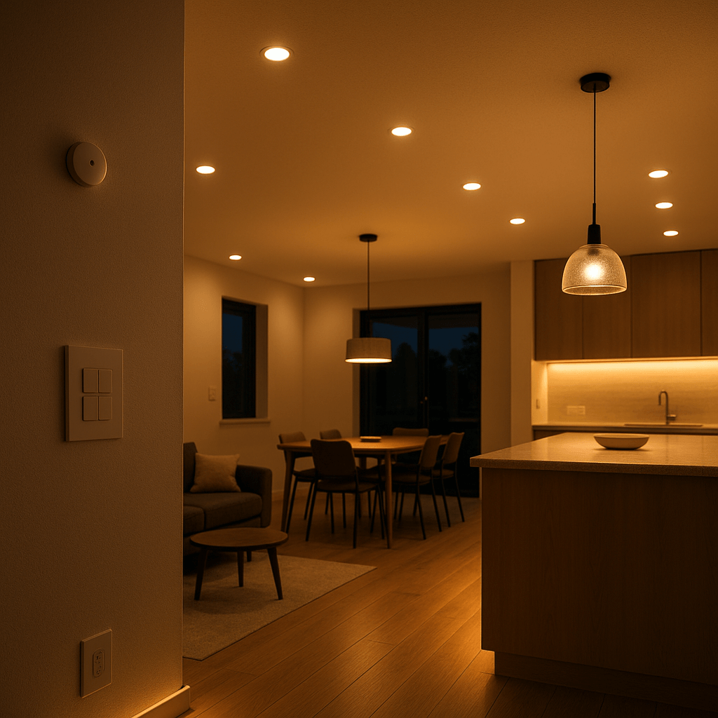 Warm, photo-realistic modern home lighting design with LED fixtures and smart lighting controls installed by skilled electricians.