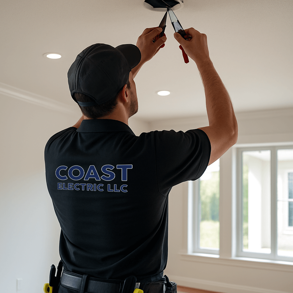 Modern home interior under final electrical installation with clean recessed lights and outlets, representing expert remodeling work.