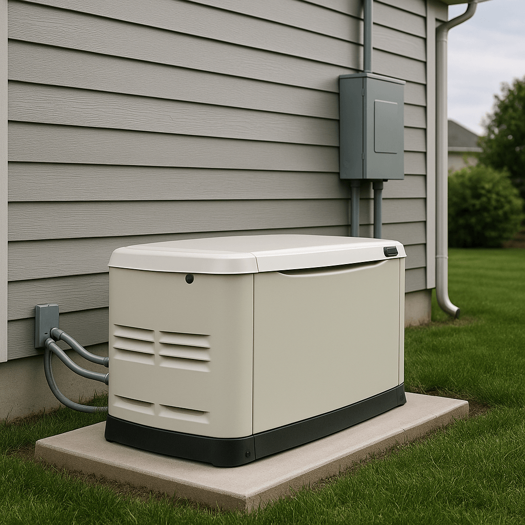 Whole-home standby generator professionally installed beside a modern house, ready to deliver seamless backup power during outages.