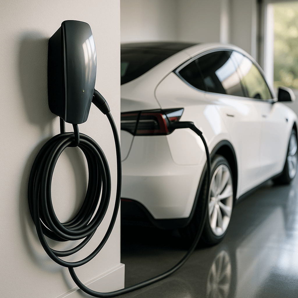 Modern home garage with a Tesla Model Y charging at a professionally installed Level 2 EV charger, symbolizing clean energy expertise.