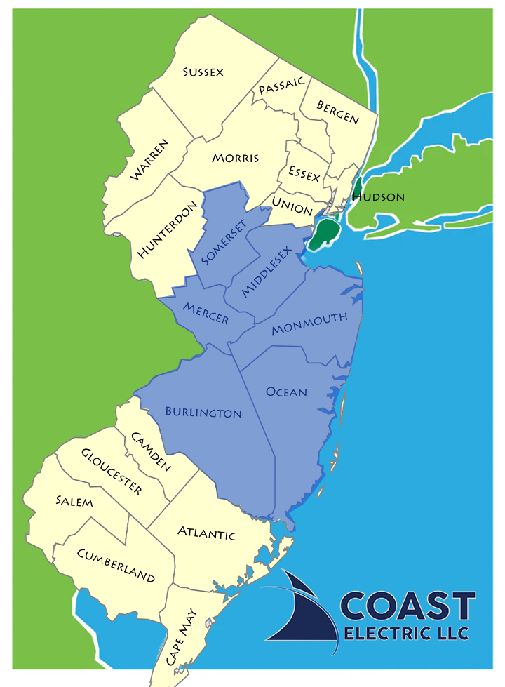 Service area map for Coast Electric LLC highlighting coverage in New Jersey counties including Monmouth, Ocean, Middlesex, Somerset, Union, Mercer, and Burlington.